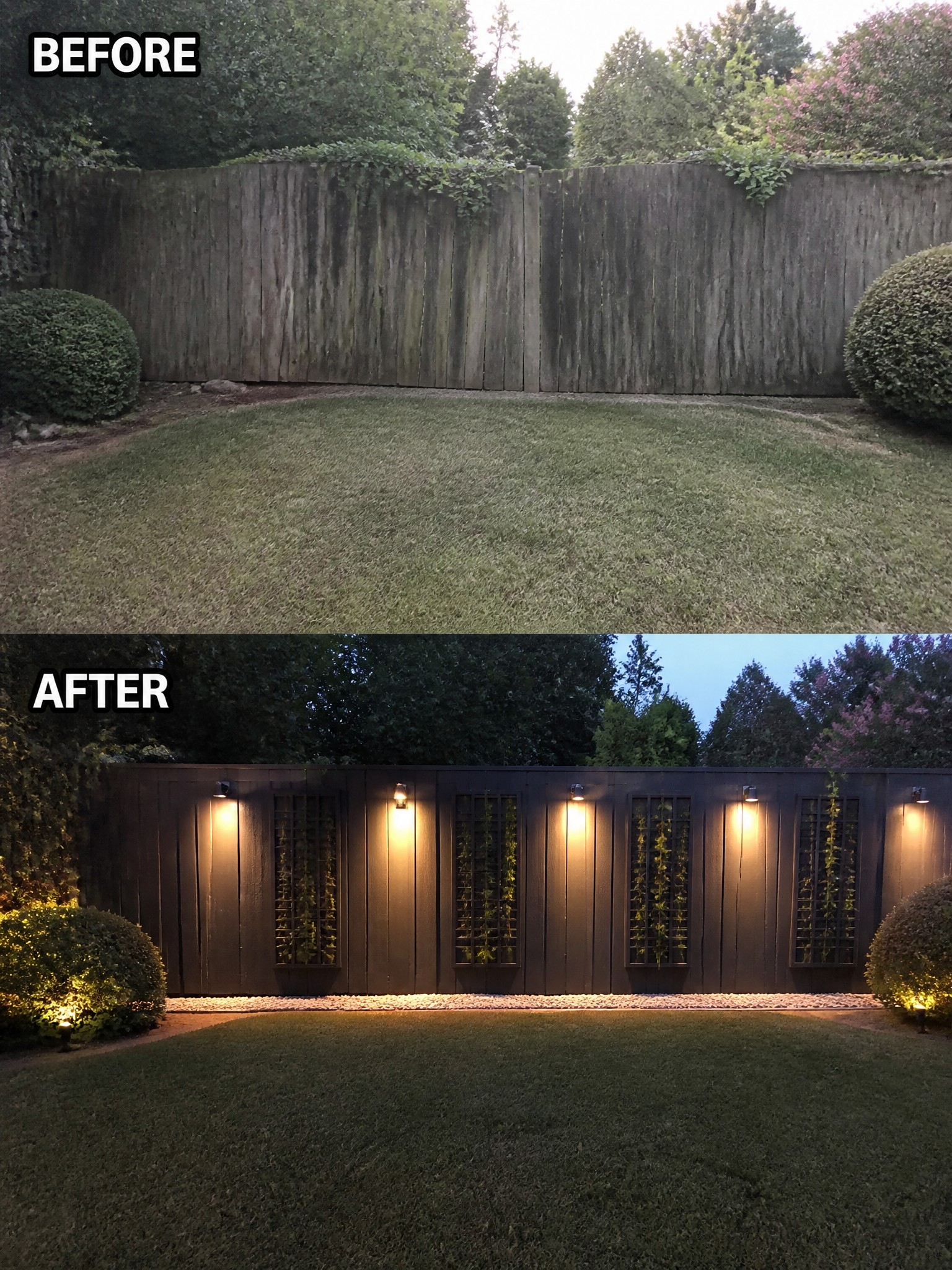 A transformed yard with a freshly painted dark fence and ambient lighting at night.