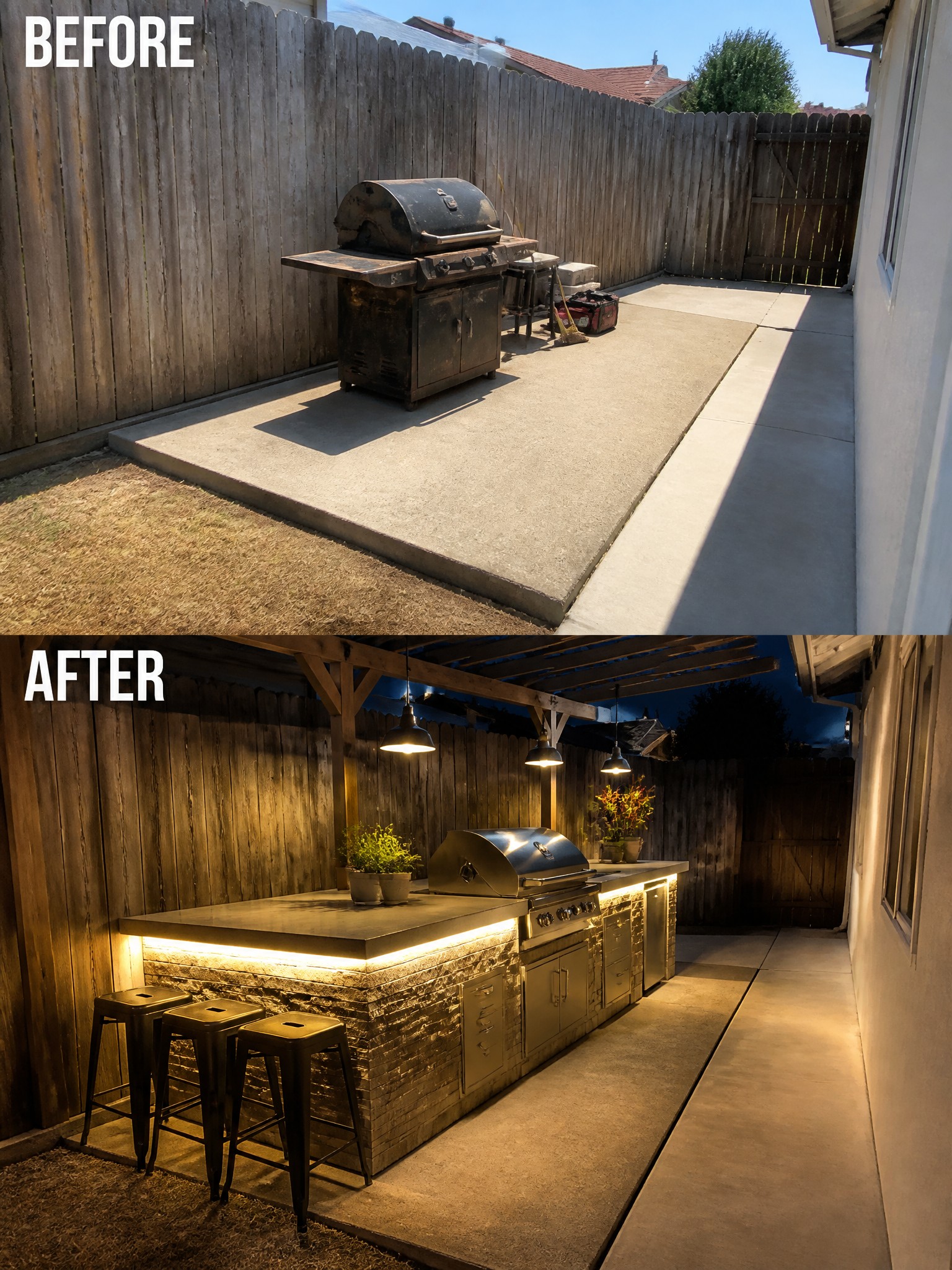 Before-and-after image of a bare concrete patio transformed into a covered outdoor kitchen with pendant lights, under-counter lighting, and bar stools.