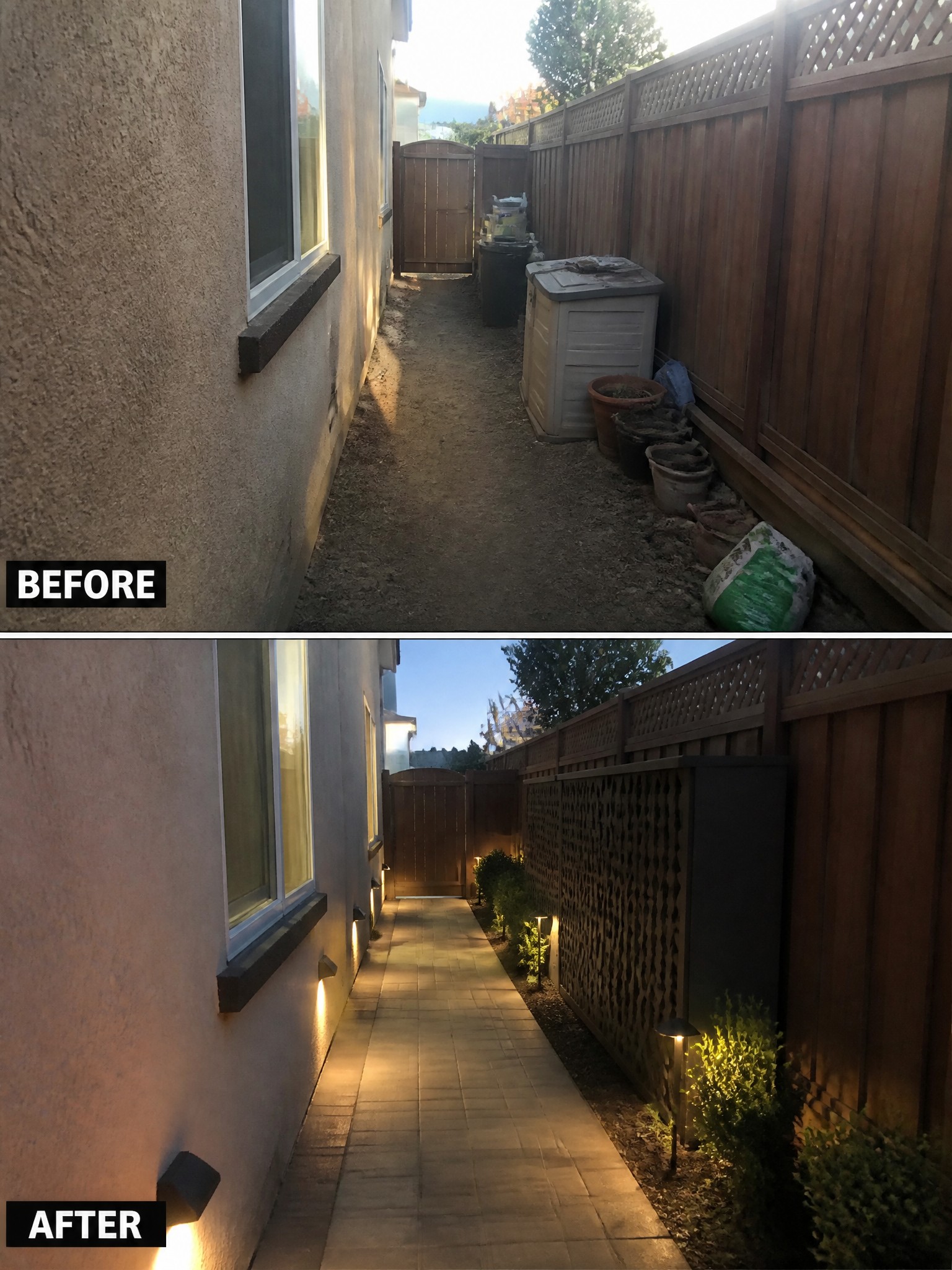 Before and after of a pathway with lighting, transitioning from dirt to paved with plants.