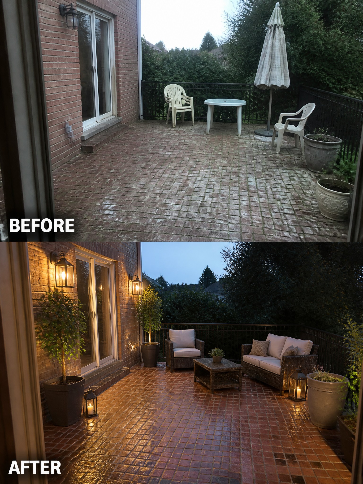 Before and after transformation of a patio, featuring furniture, plants, and lighting.