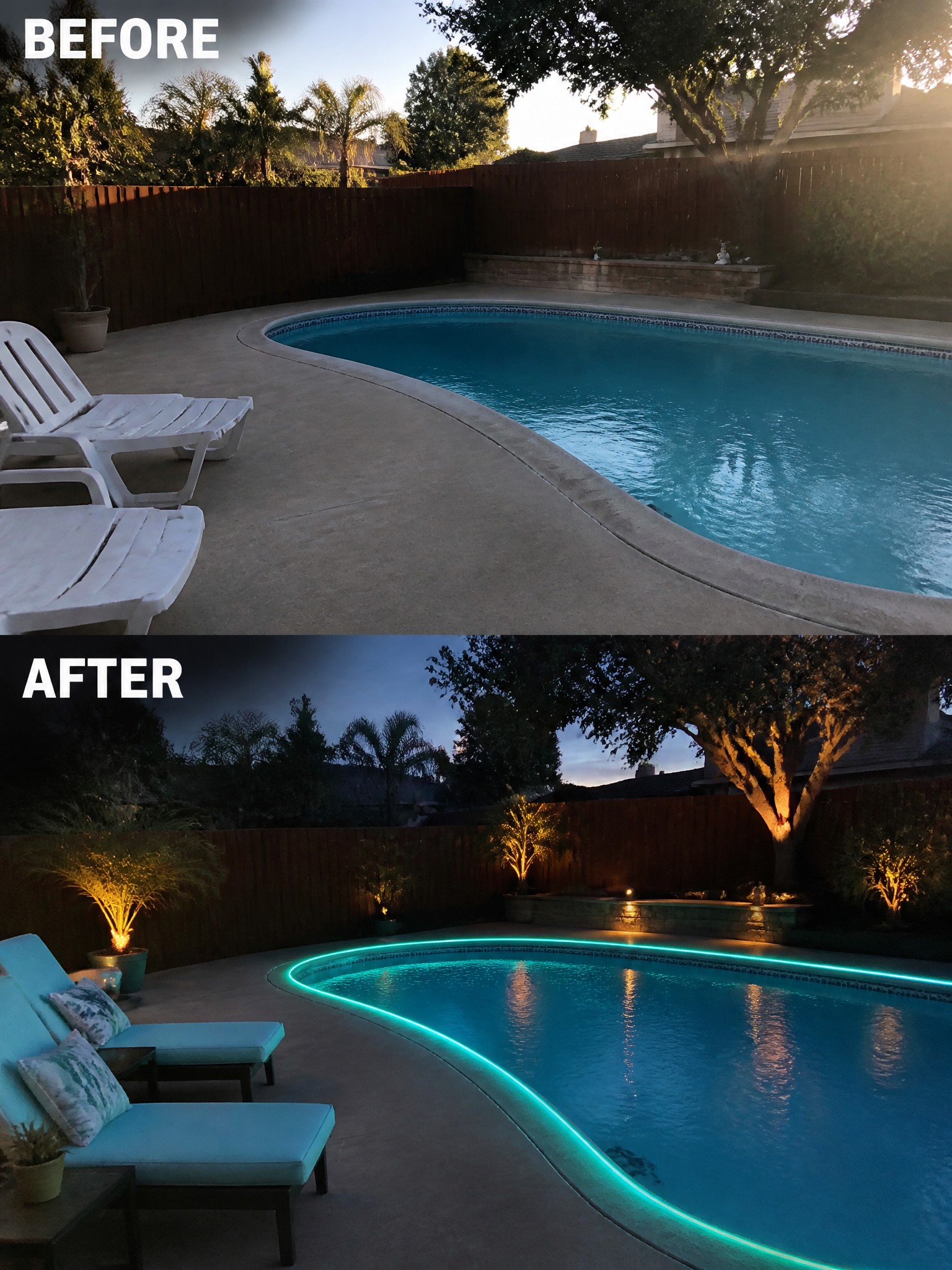 Comparison of a pool area, before daytime and after night with vibrant lighting.
