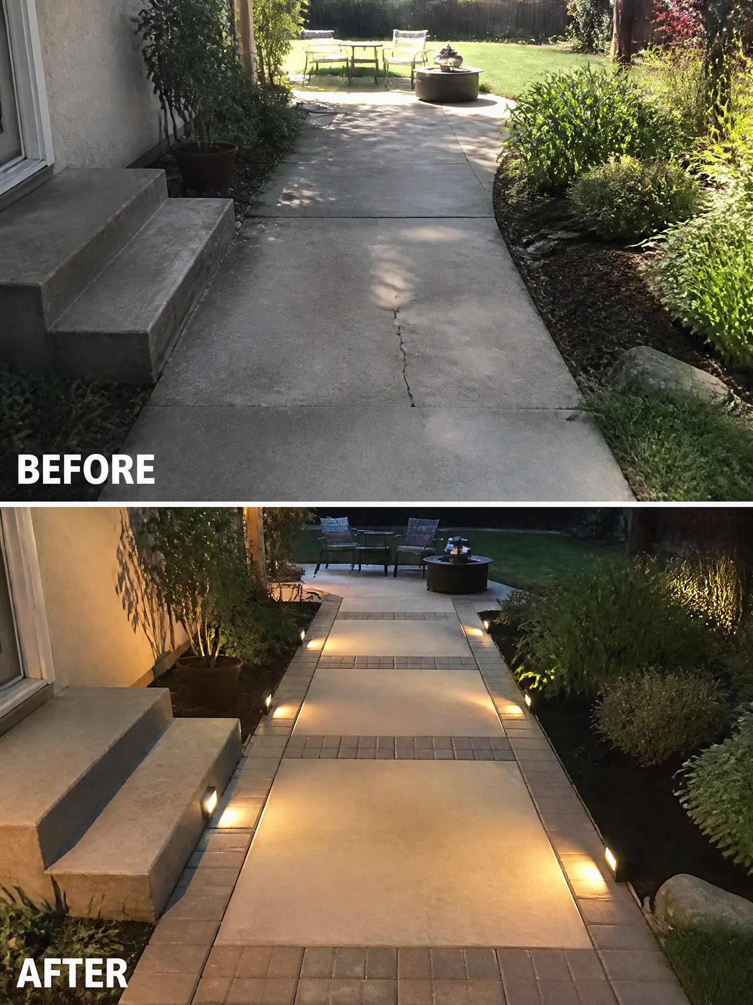 Before and after comparison of a walkway, featuring lighting and improved landscaping.