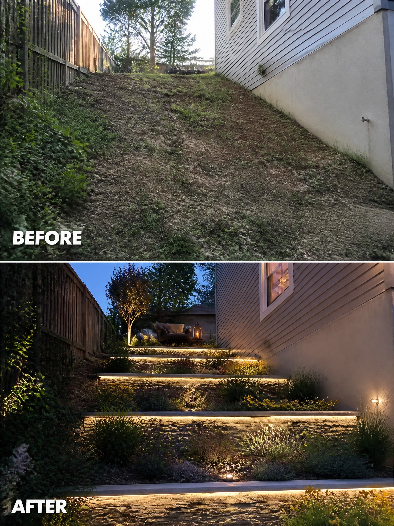 Before: a bare, grassy slope; After: illuminated stepped path with plants and cozy seating.