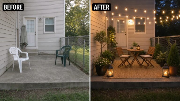 Before shows a bare patio; after transformed with lights, plants, and a cozy table setup.