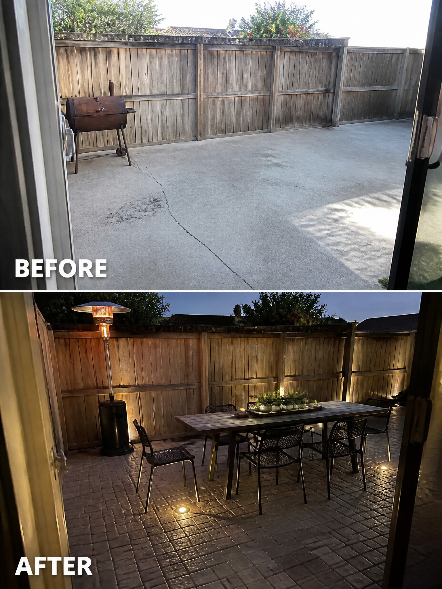 Side-by-side comparison of a patio: empty concrete before, transformed with furniture and lighting after.