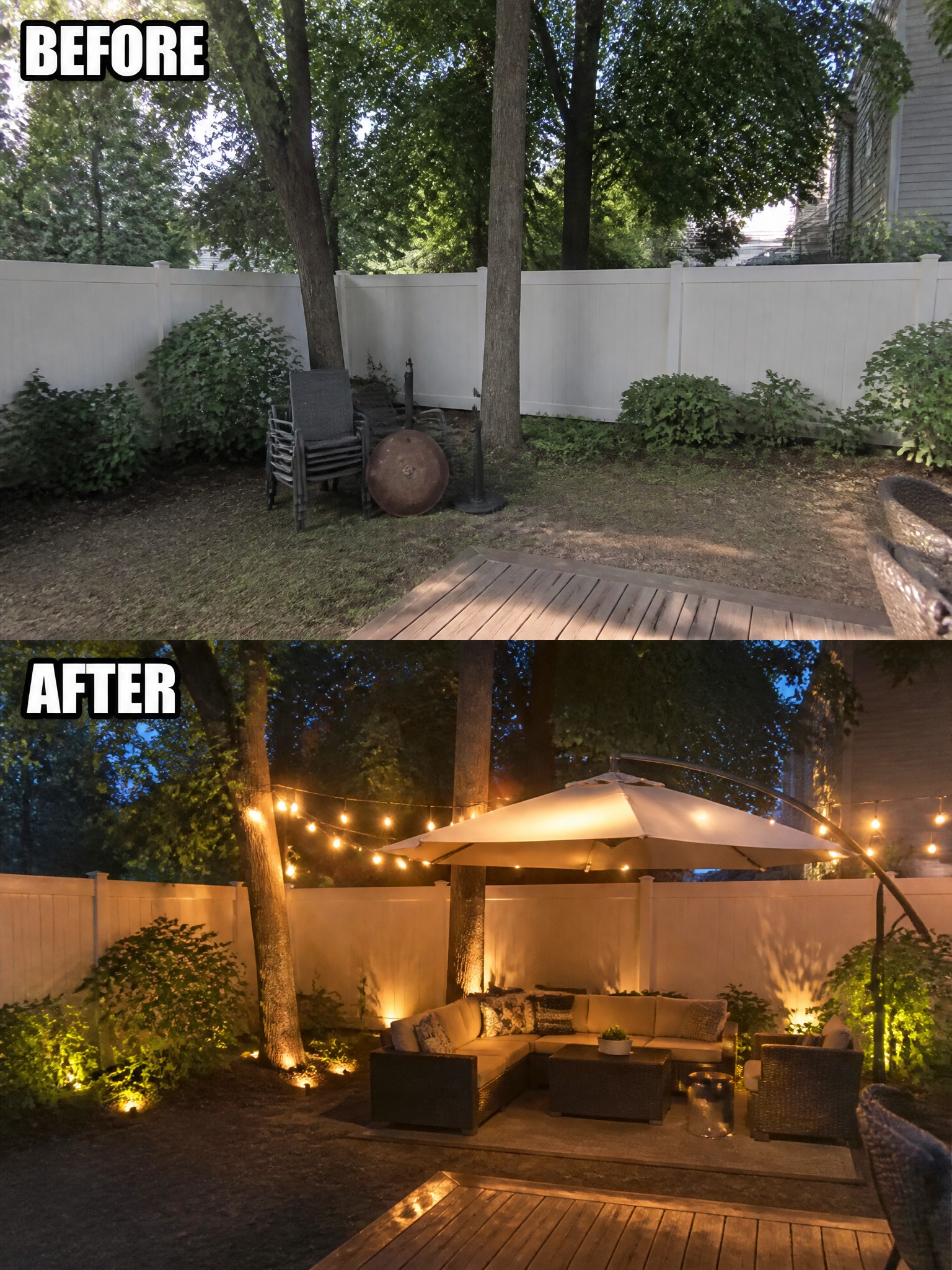 Transformed backyard with cozy seating, string lights, and an umbrella, shown day and night.