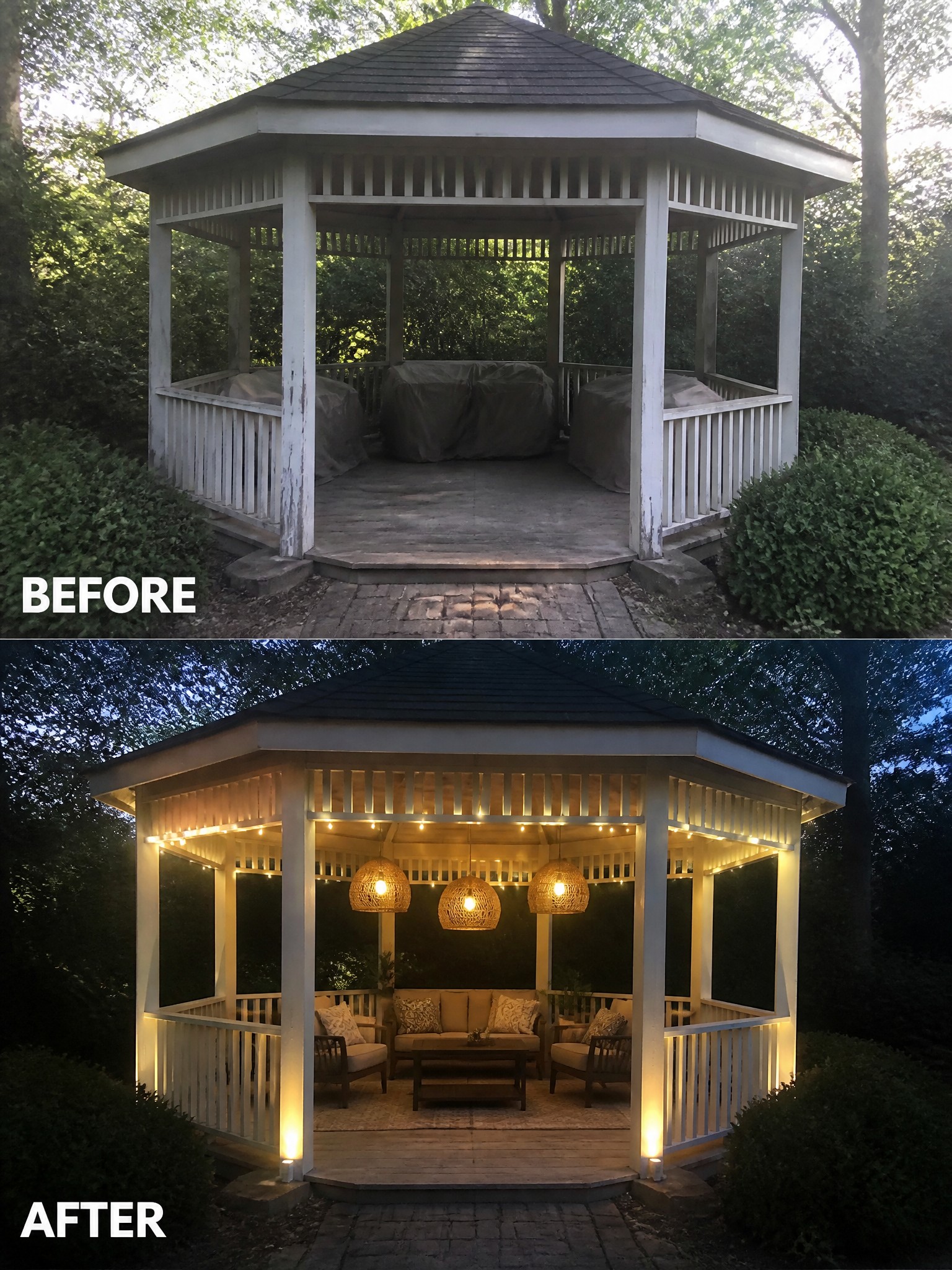 Before-and-after transformation of a gazebo: empty to cozy with lights and seating.