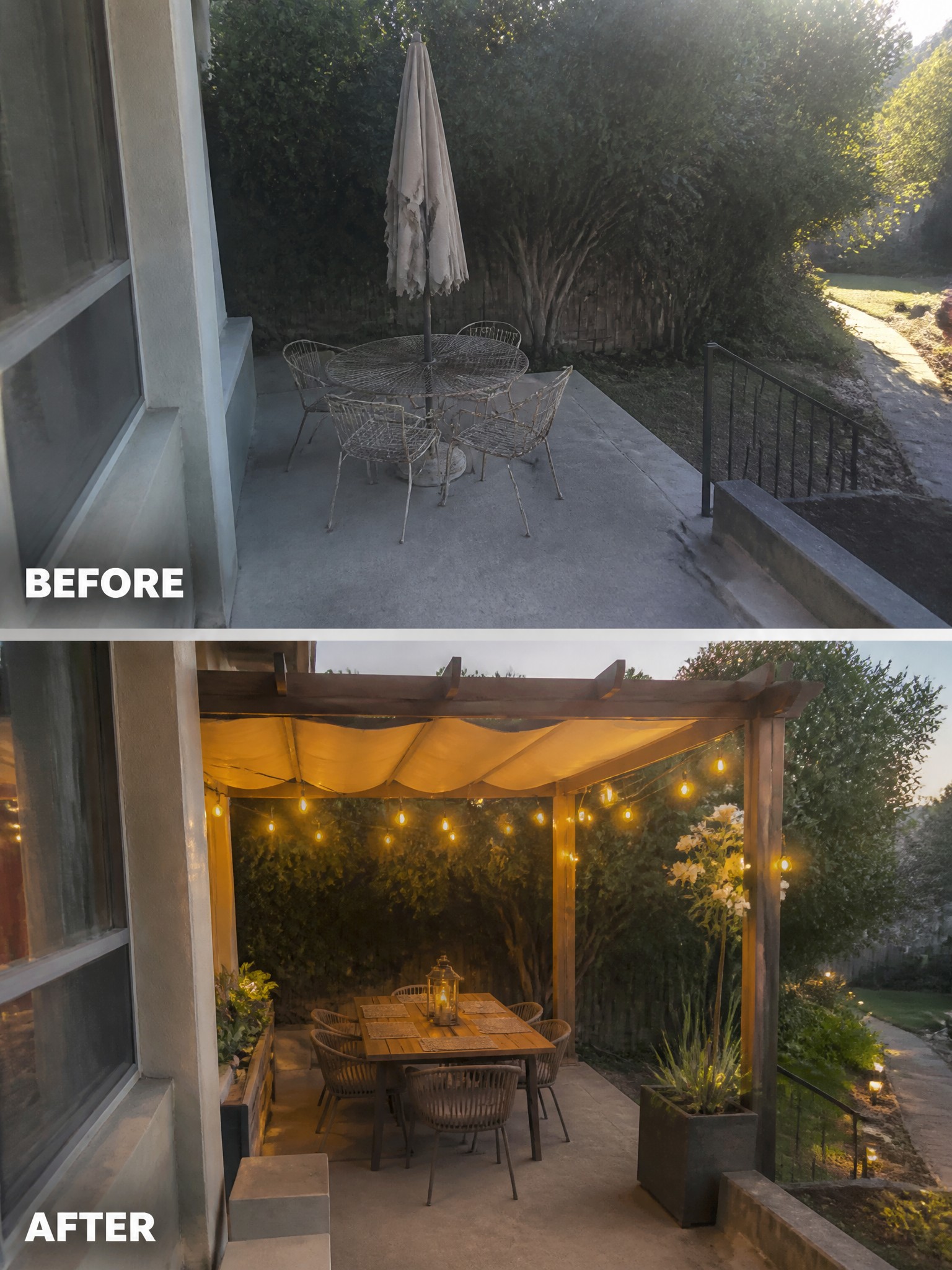 Before and after patio transformation with furniture, lighting, and greenery enhancements.