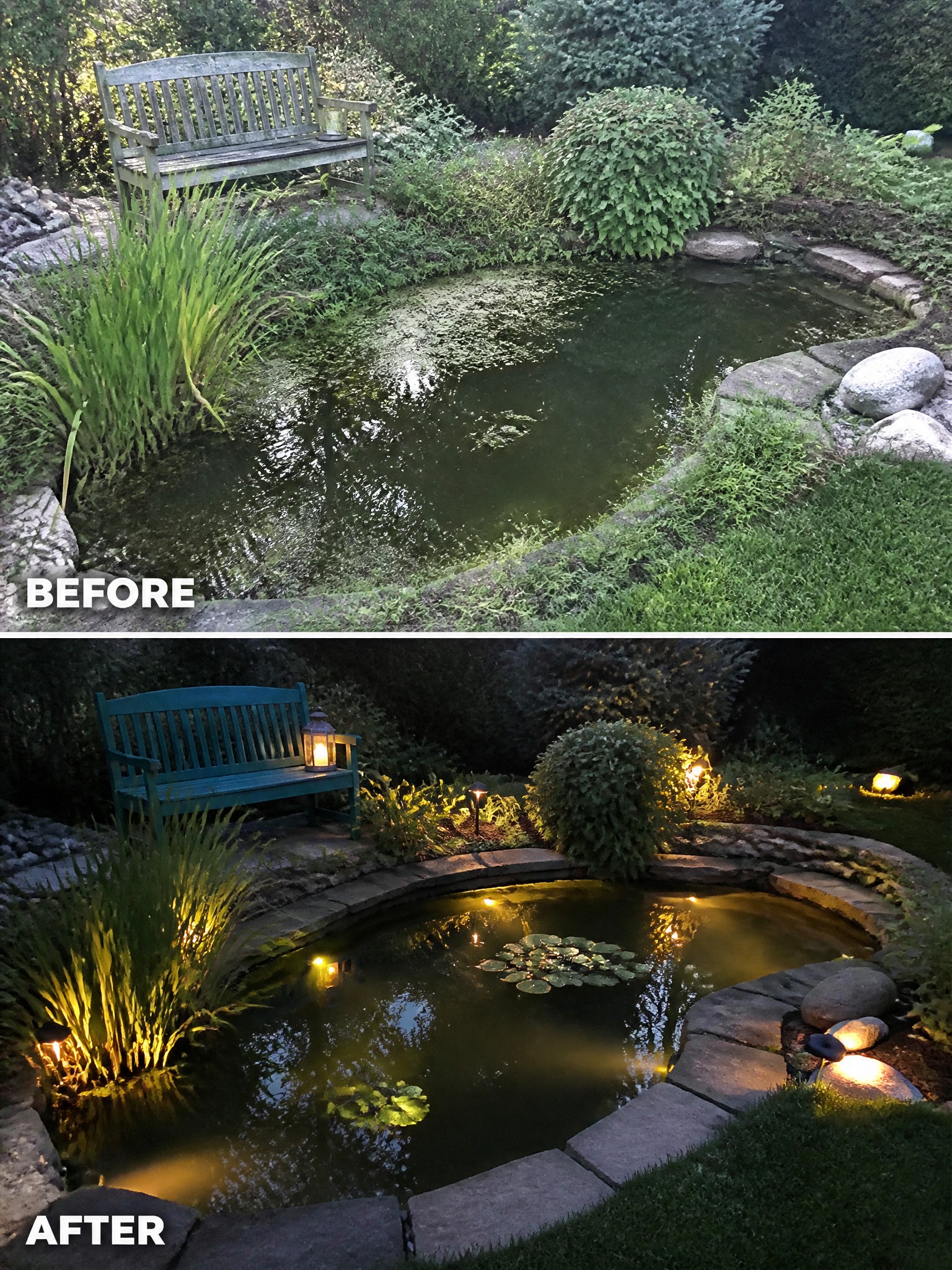 Before and after landscape transformation featuring a pond, bench, and ambient lighting.
