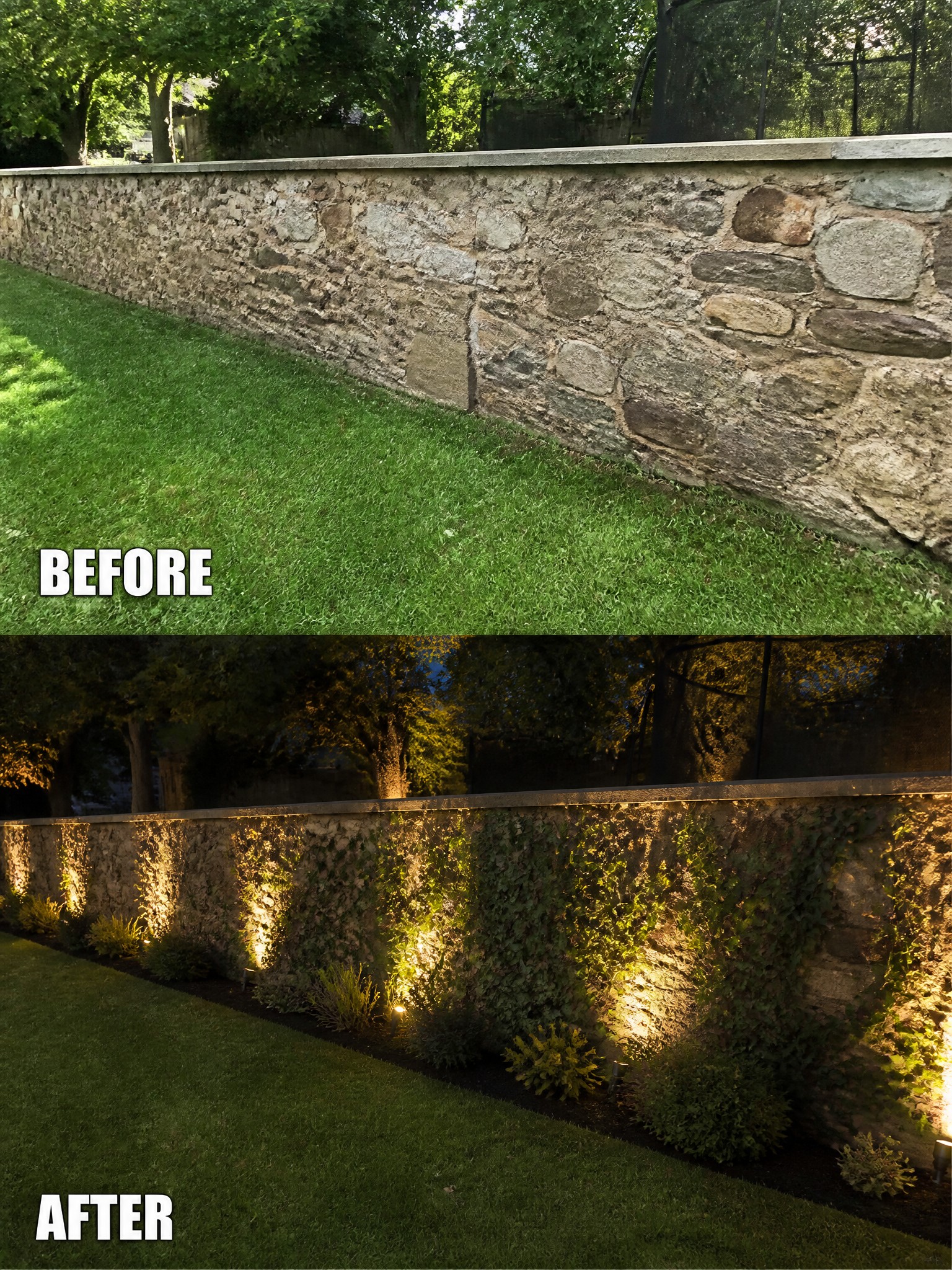 Before-and-after image of a stone retaining wall transformed with outdoor uplights and added shrubs along the base.