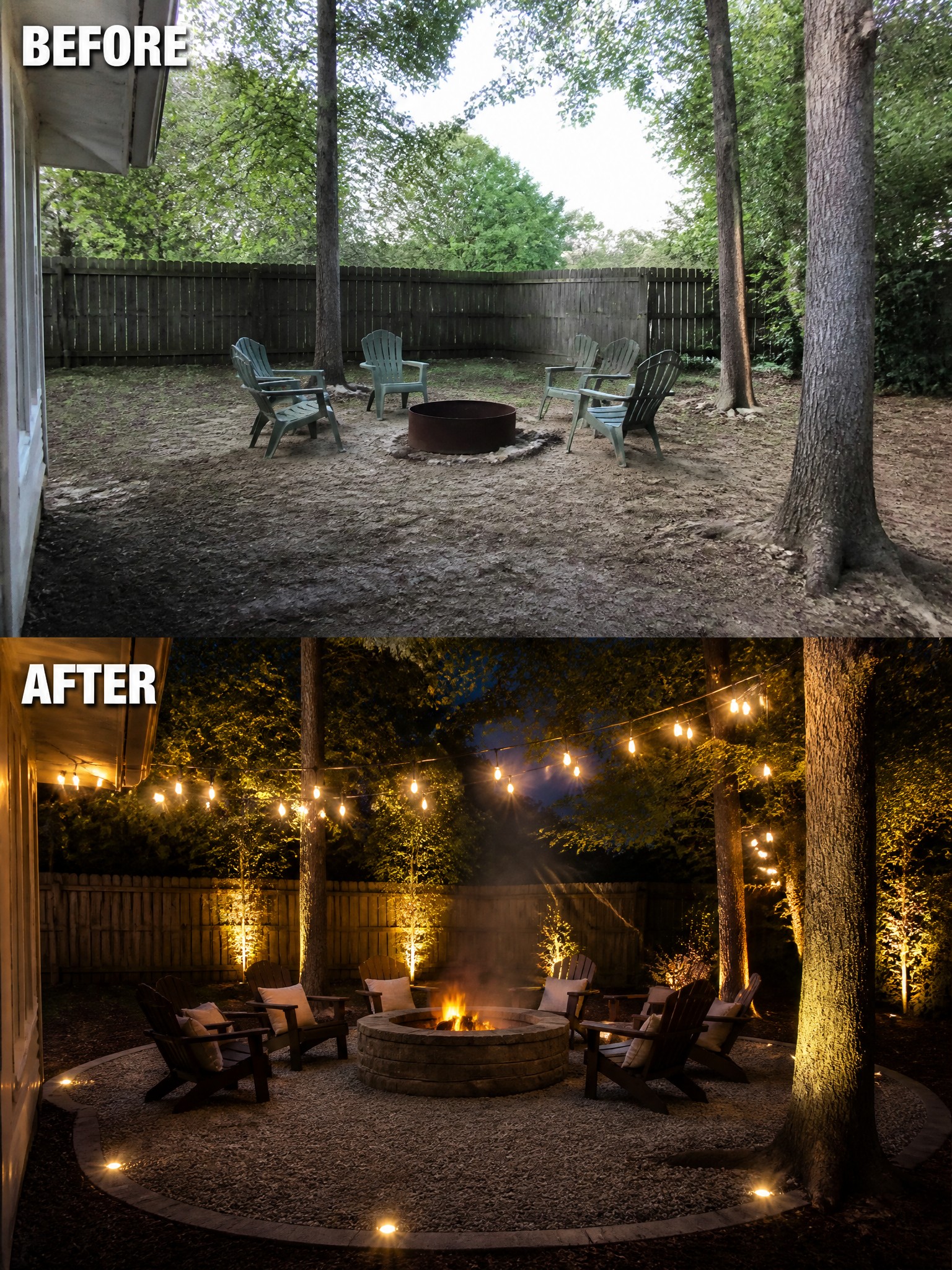 Before and after transformation of a fire pit area, featuring lighting and seating upgrade.