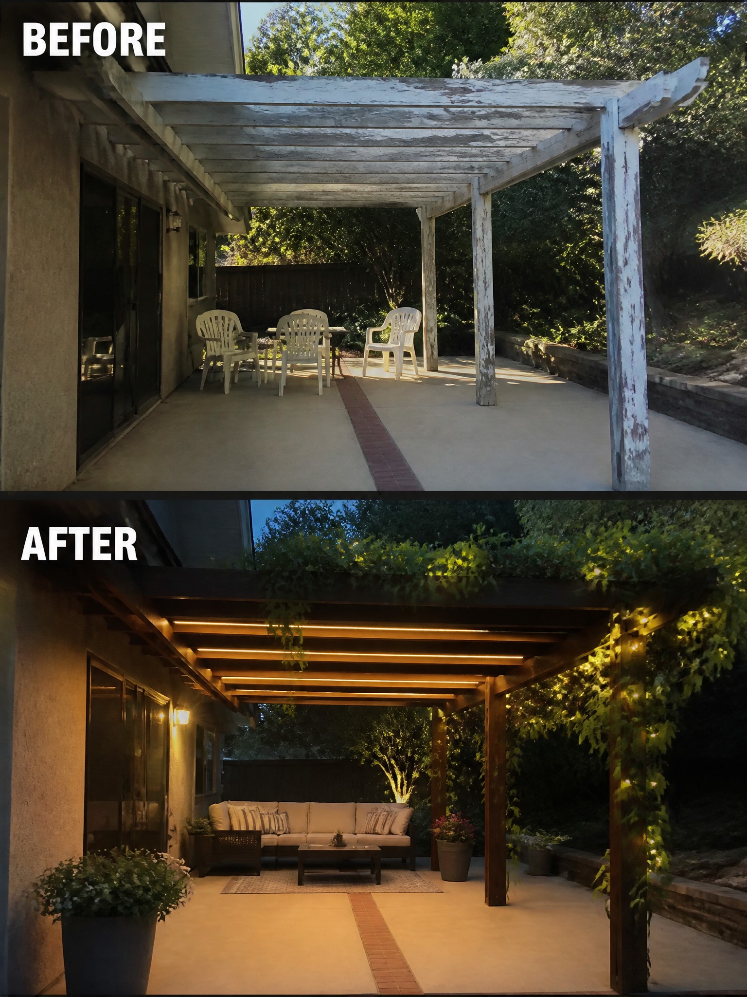 Before and after transformation of a patio with new wooden pergola and lighting.