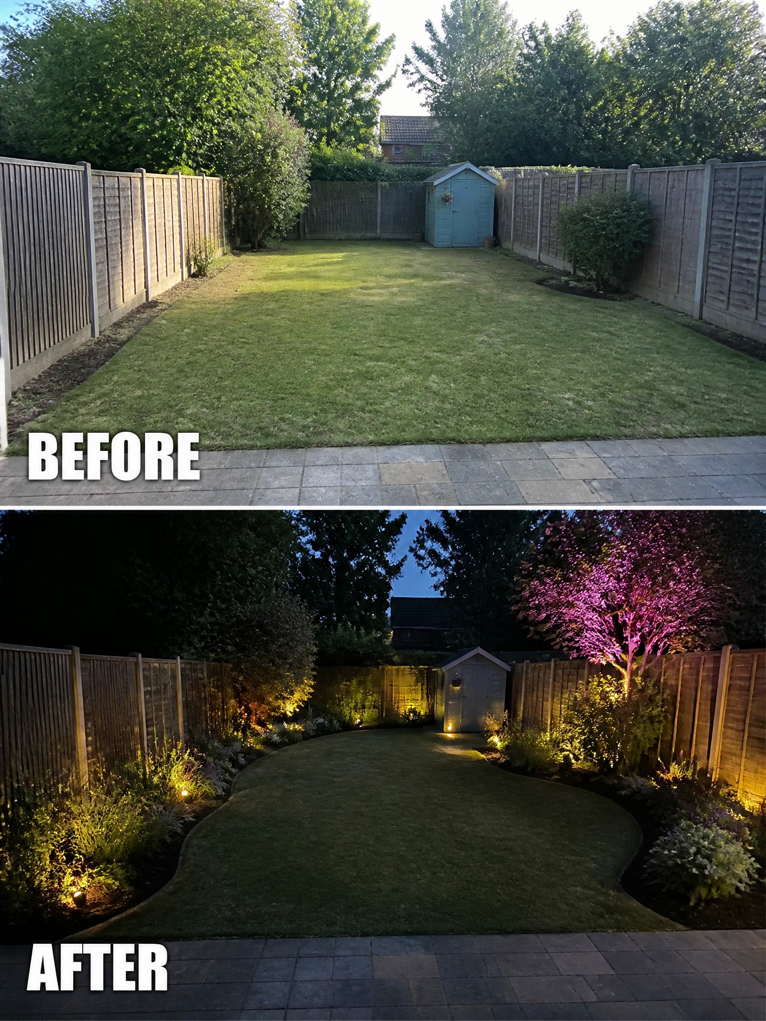 Before and after of a garden, showcasing lush greenery and colorful night lighting.