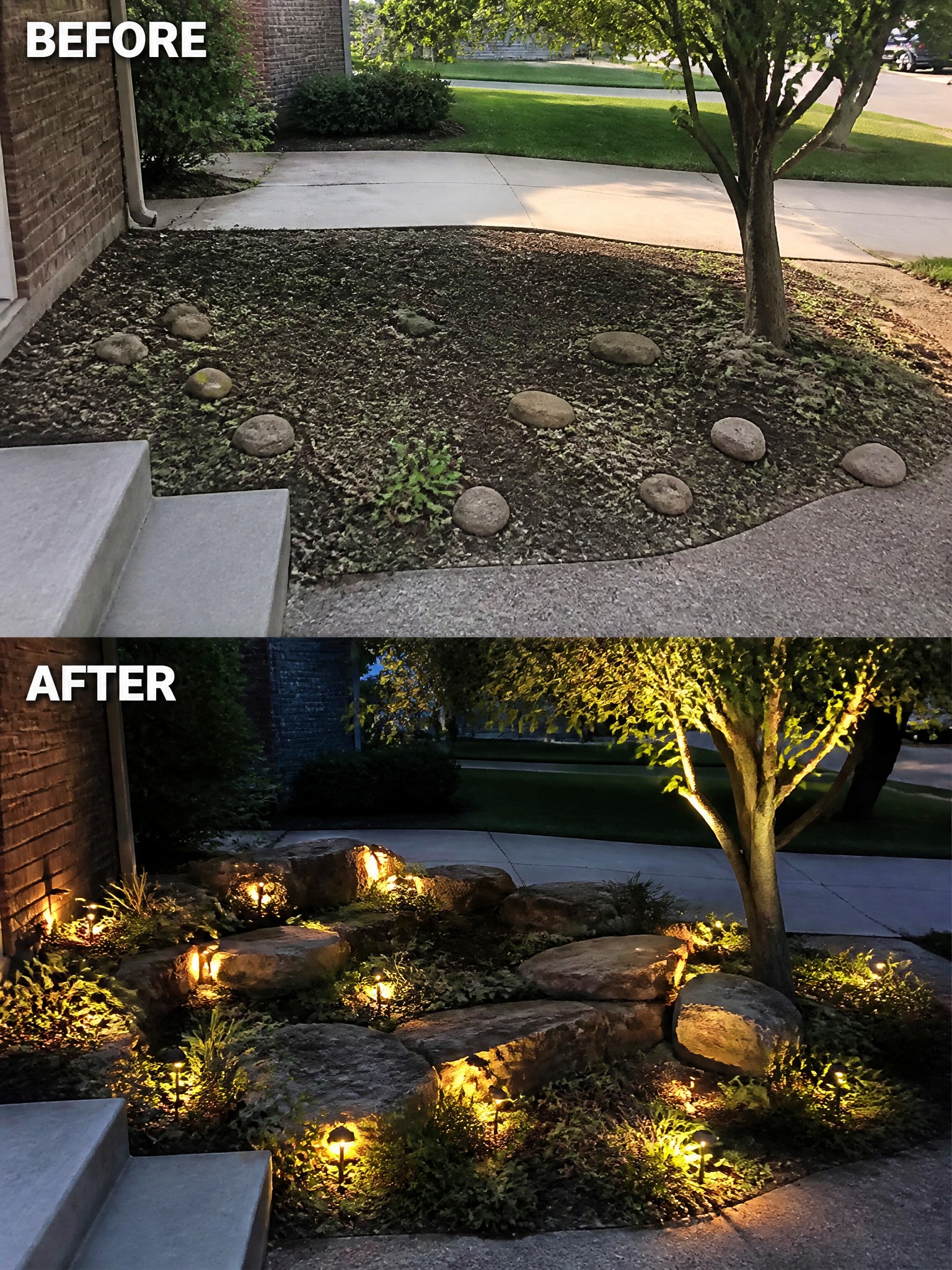 Before and after of a landscaped area with rocks, plants, and lighting.