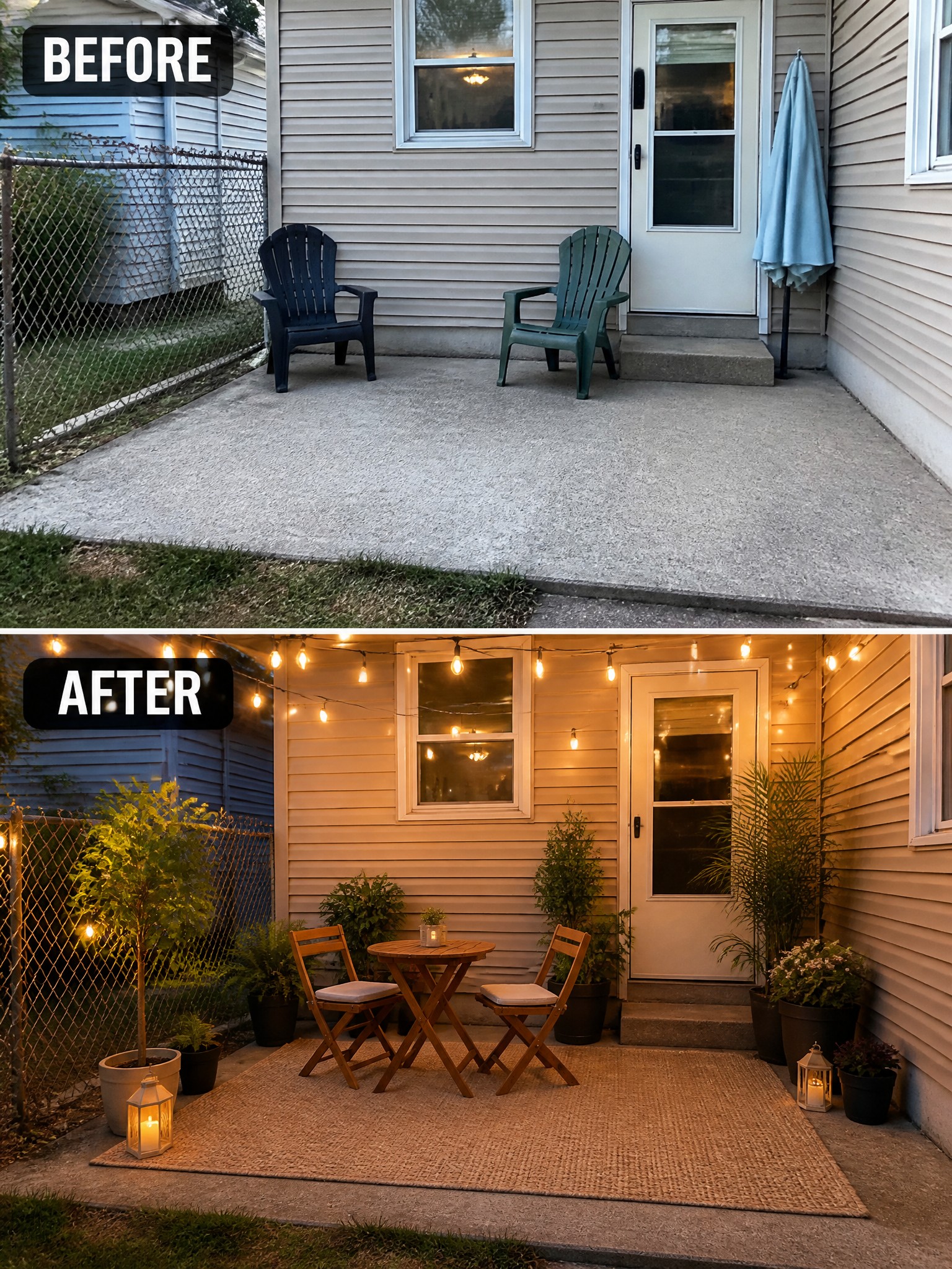 Before shows a bare patio; after transformed with lights, plants, and a cozy table setup.