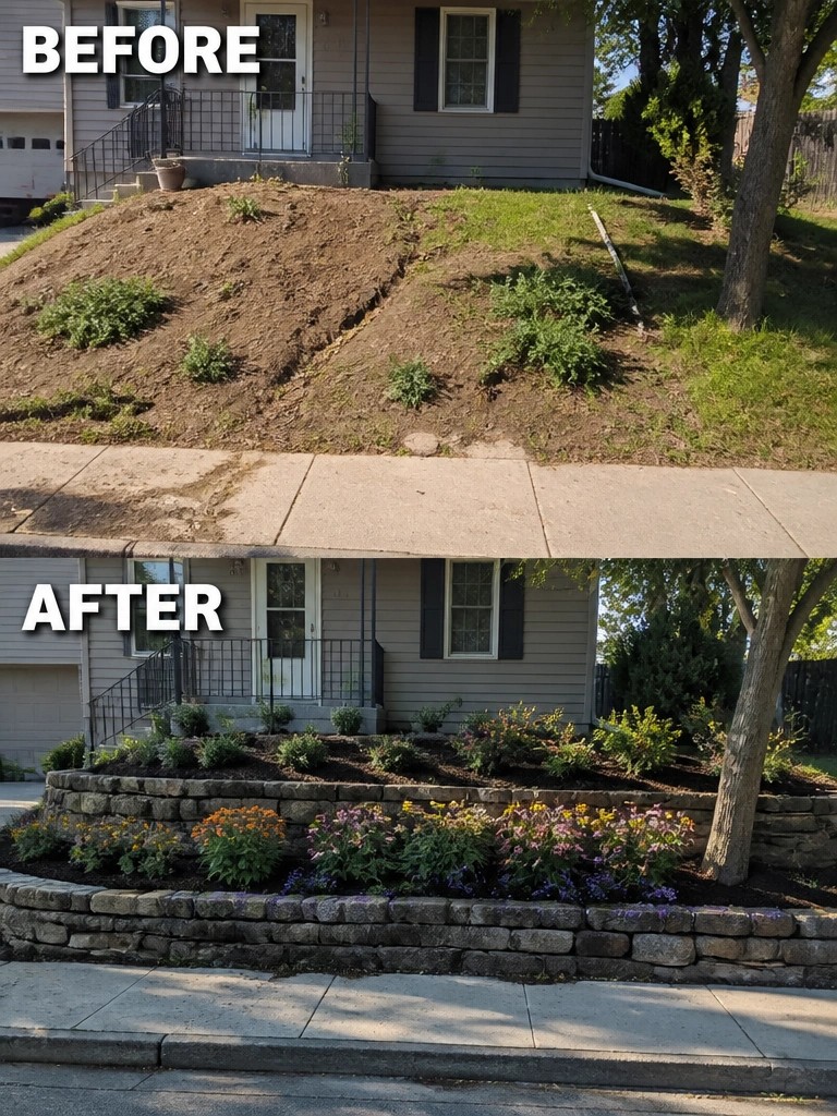 Before-and-after image of a bare sloped front yard changed into structured garden beds with a stone retaining wall and colorful flowers.