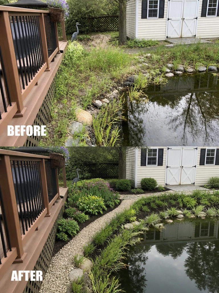 Before-and-after pond landscaping: overgrown weeds transformed into neat garden with plants and gravel.