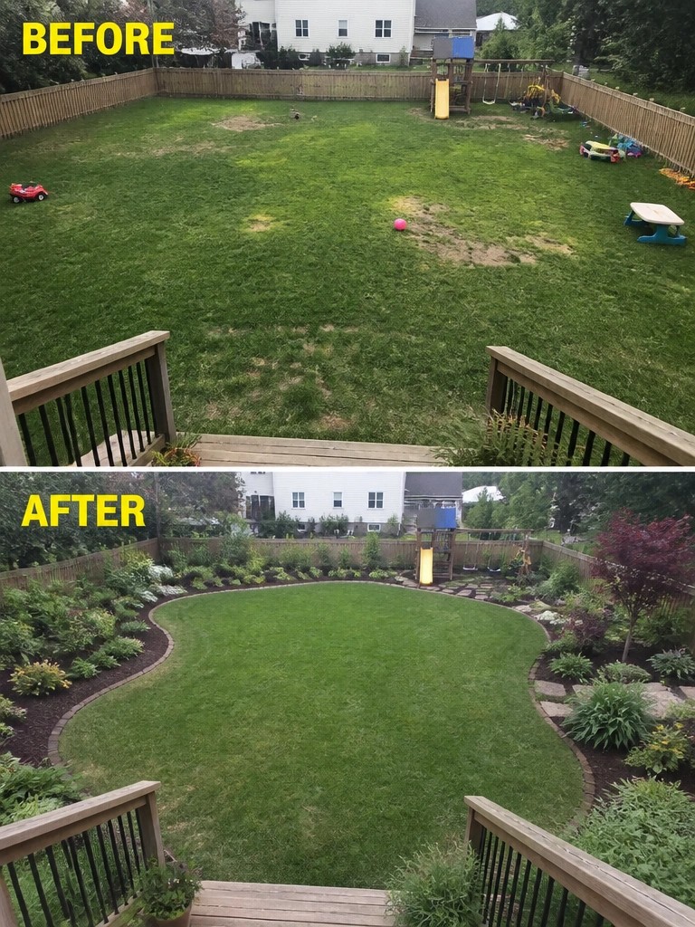 Before and after backyard transformation with new landscaping and curved garden beds.