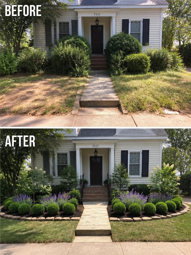 Before-and-after image of an overgrown front yard changed into a landscaped space with curved stone-edged garden beds and structured planting.