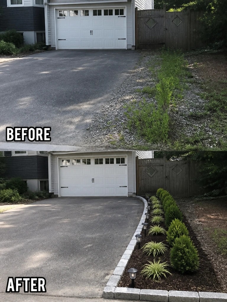 Before-and-after image of a driveway edge changed from overgrown gravel and weeds to a mulched garden bed with stone edging, shrubs, grasses, and lights.