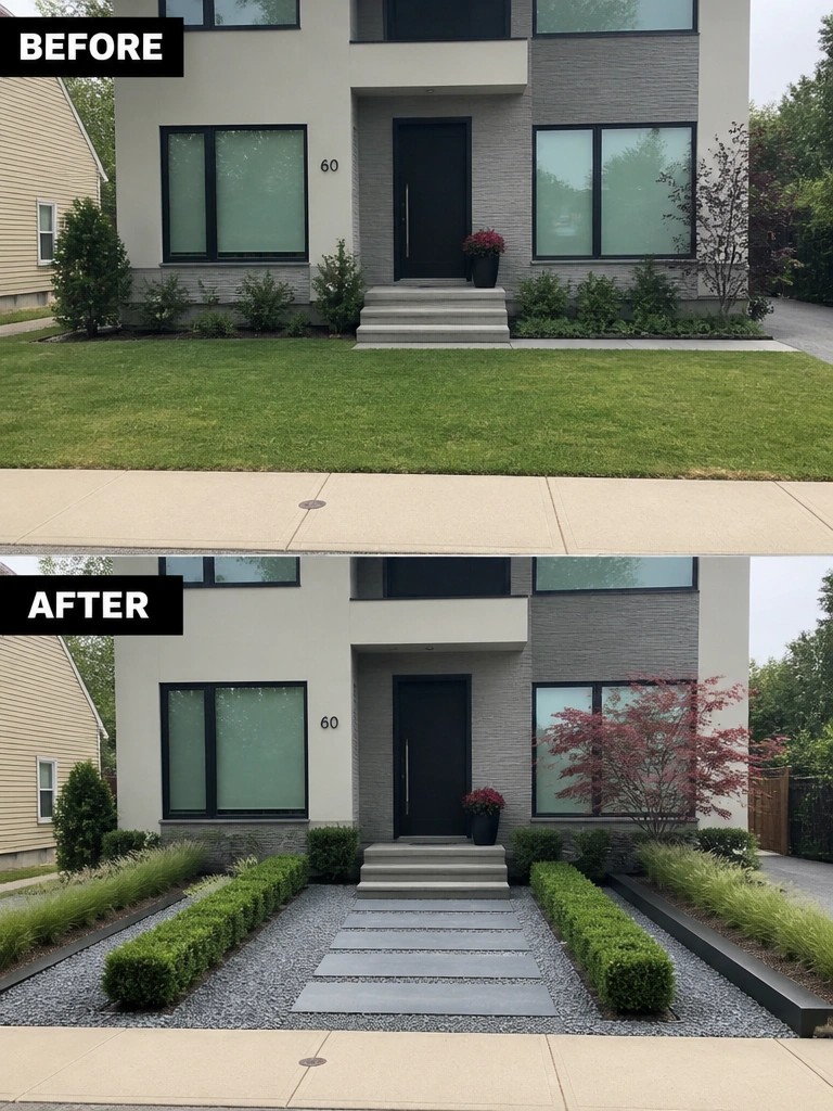 Before and after of modern house entrance with new gravel path and landscaping