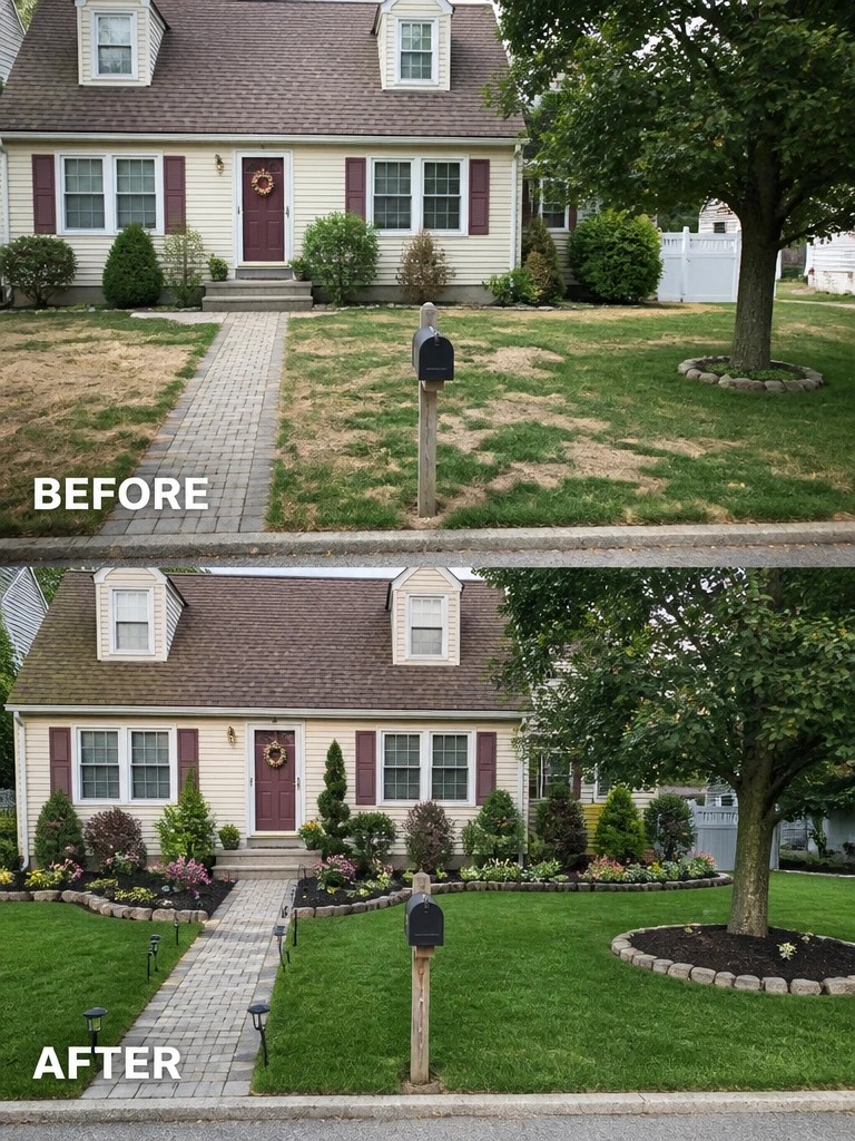 Before-and-after image of a front yard changed from patchy lawn to clean grass with defined mulched garden beds along the house and walkway.