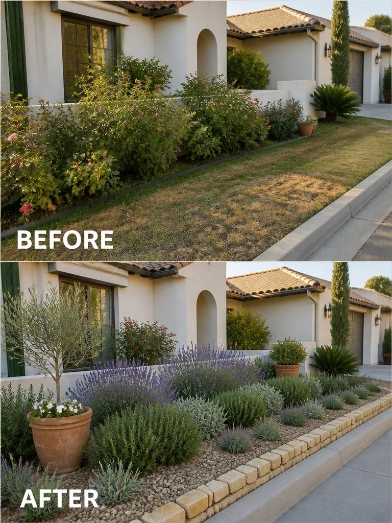 Before and after of house front yard: dry patchy lawn transformed into gravel garden with shrubs