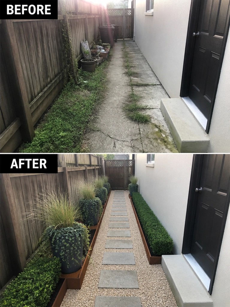 Before-and-after alleyway makeover from overgrown weeds to gravel path with plants.