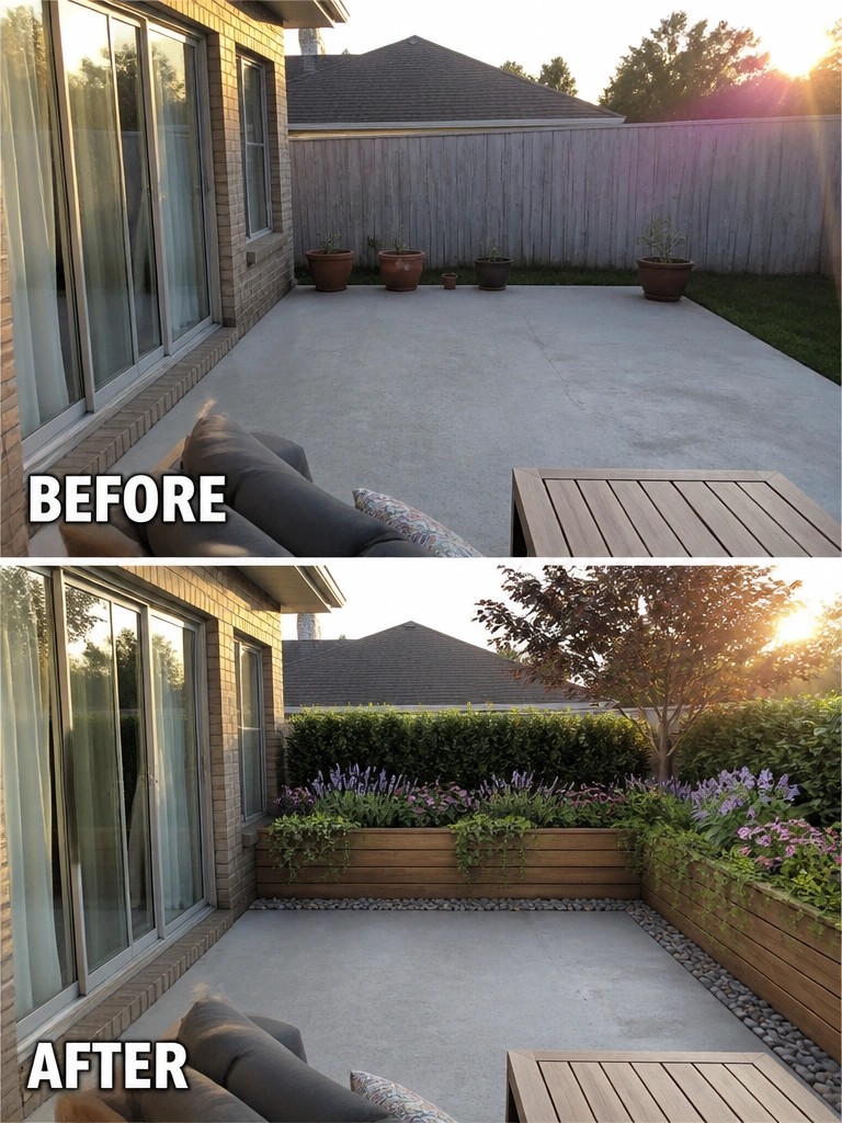 Before-and-after image of a concrete patio updated with wooden raised planter beds containing flowers and shrubs along the edges.