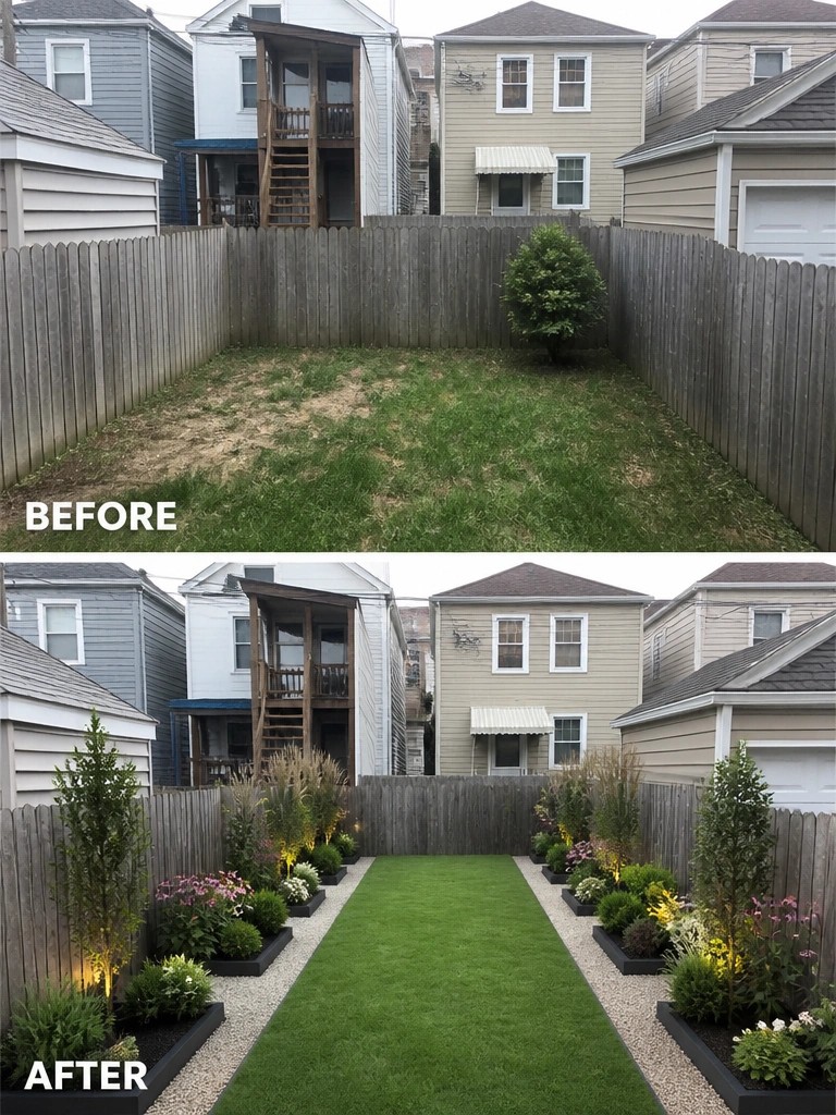 Before and after backyard transformation with new turf, gravel paths, and planters.