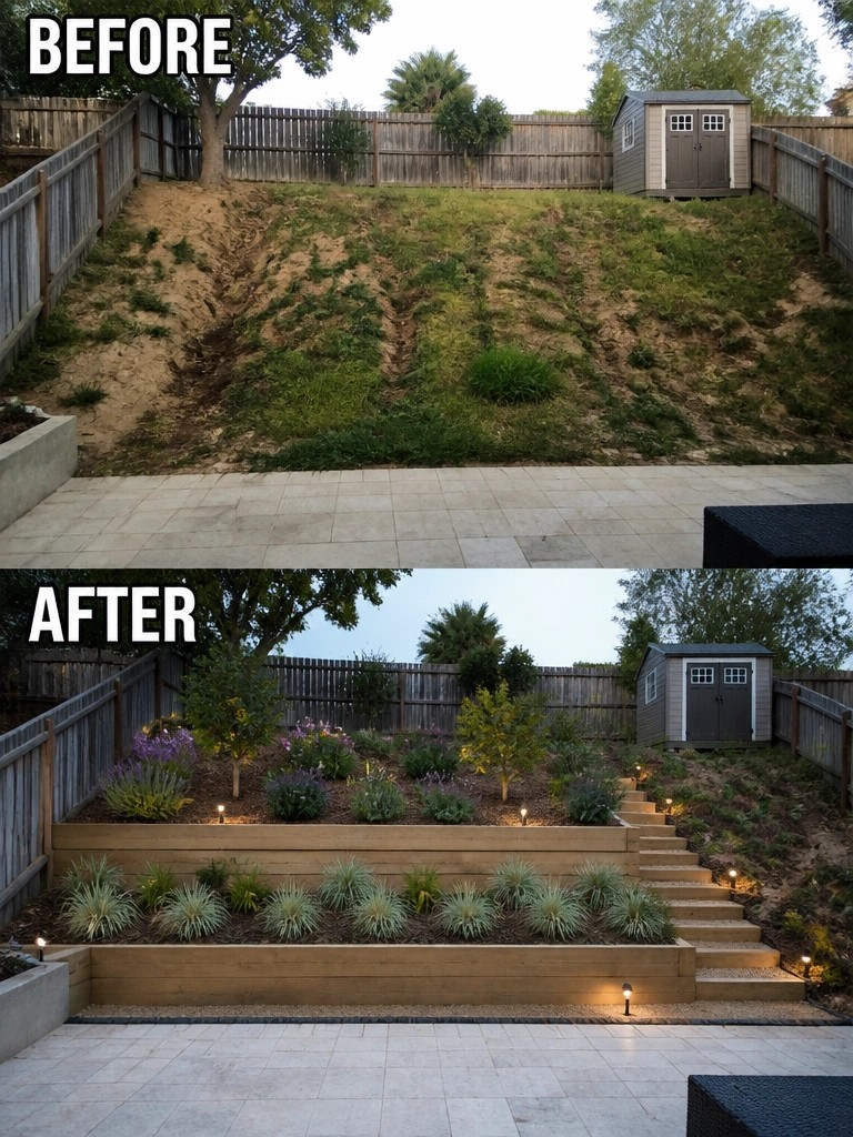 Before-and-after views of backyard slope transformed with tiered wood walls, plants and lit stairs