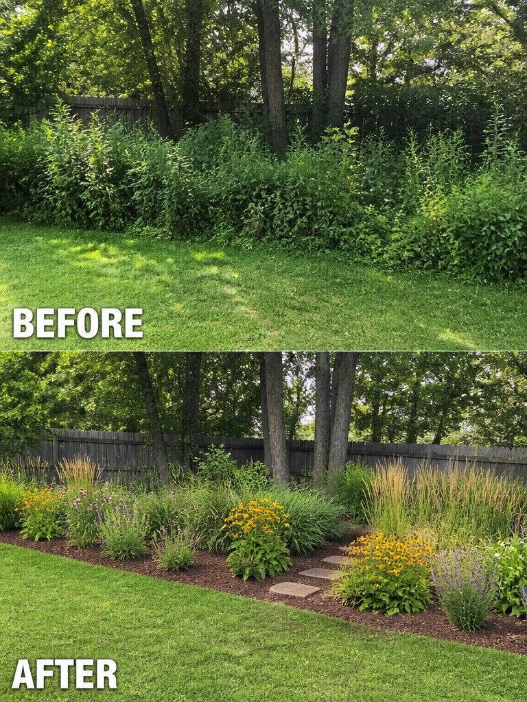 Before-and-after image of an overgrown backyard changed into a clean lawn with defined garden beds, mulch, and structured planting along the fence.