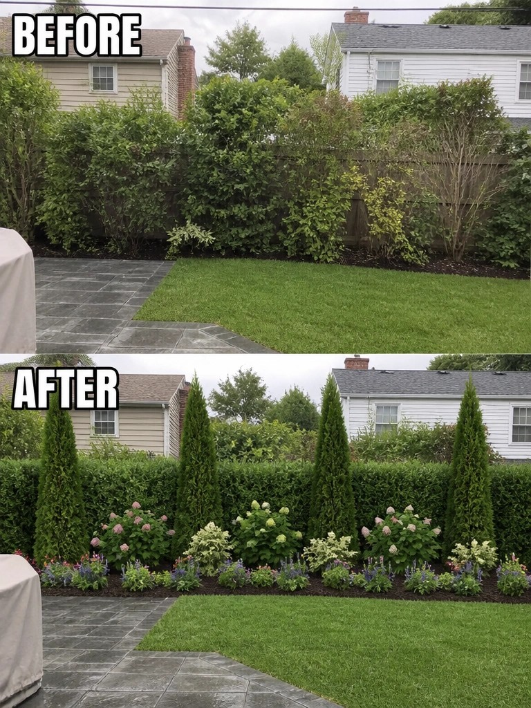 Before-and-after image of an overgrown backyard hedge changed into a structured border with a low hedge, tall evergreens, and a mulched flower bed.