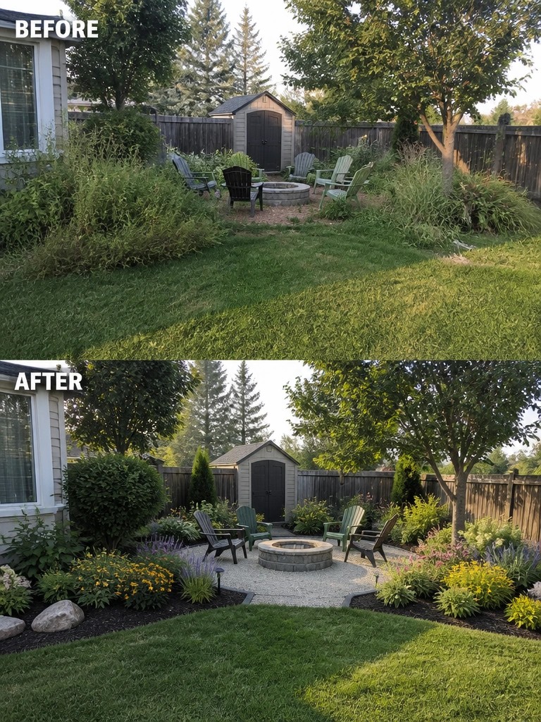 Before and after backyard with fire pit, chairs, and landscaped garden beds