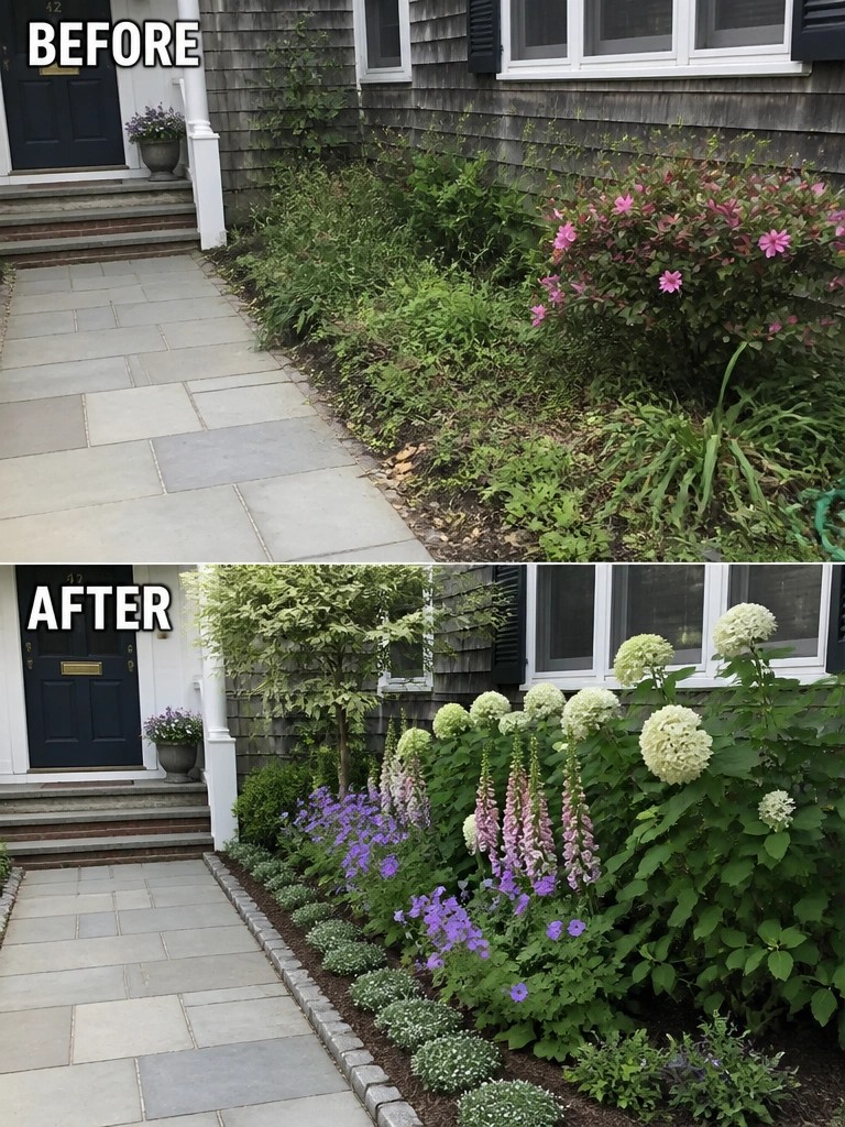 Before-and-after image of an overgrown garden bed along a stone path changed into a structured planting area with brick edging, layered flowers, and small trees.