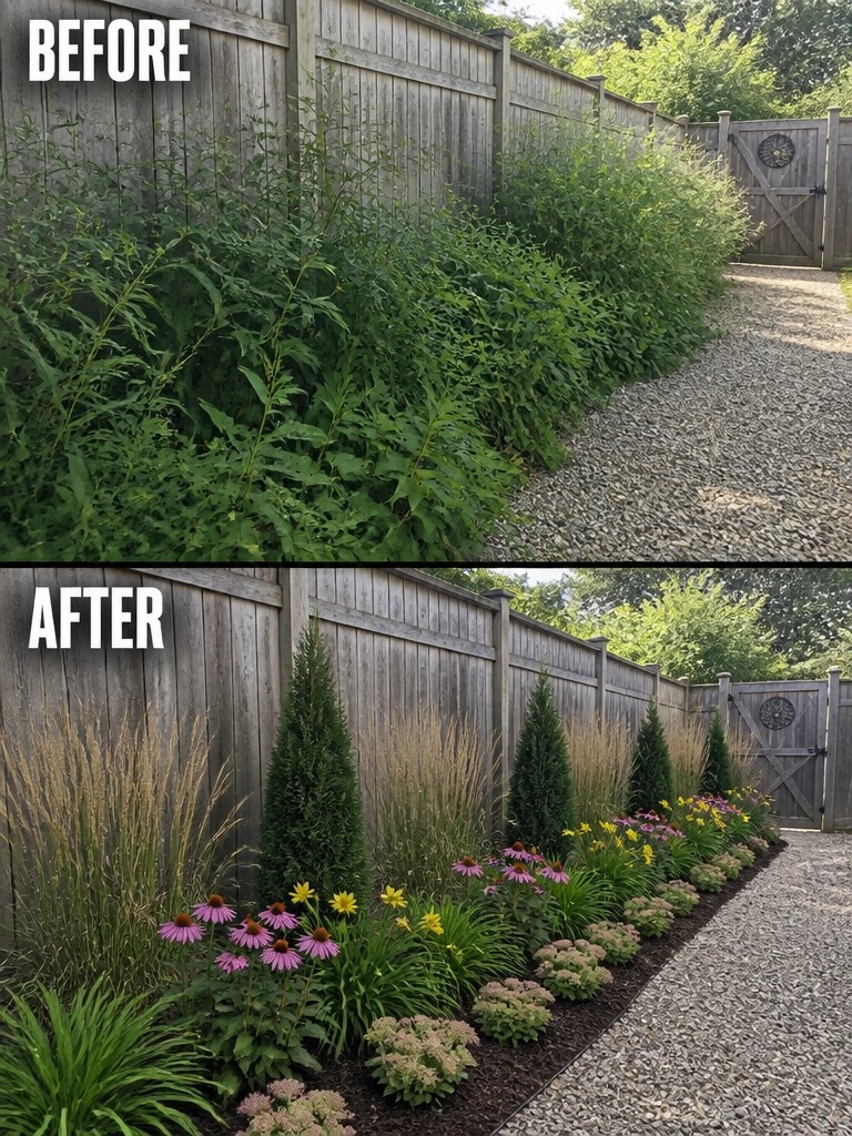 Before overgrown weeds and after landscaped garden with flowers, grasses, and trees along fence