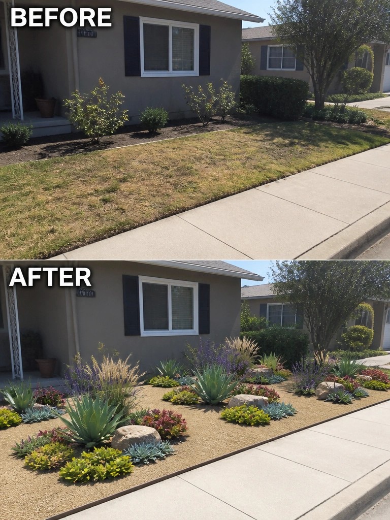 Before-and-after front yard: dry grass lawn replaced by succulent garden with gravel and rocks.