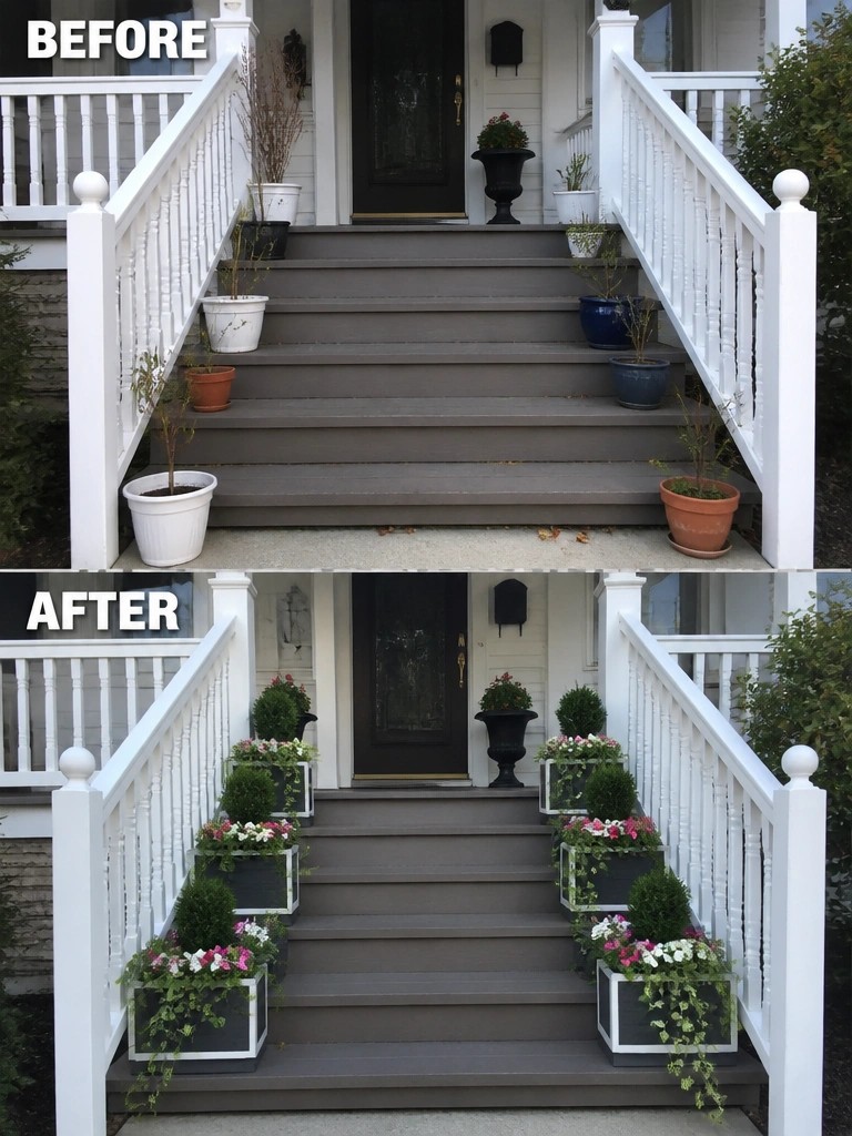 Before-and-after porch stairs with added colorful flower and shrub planters.