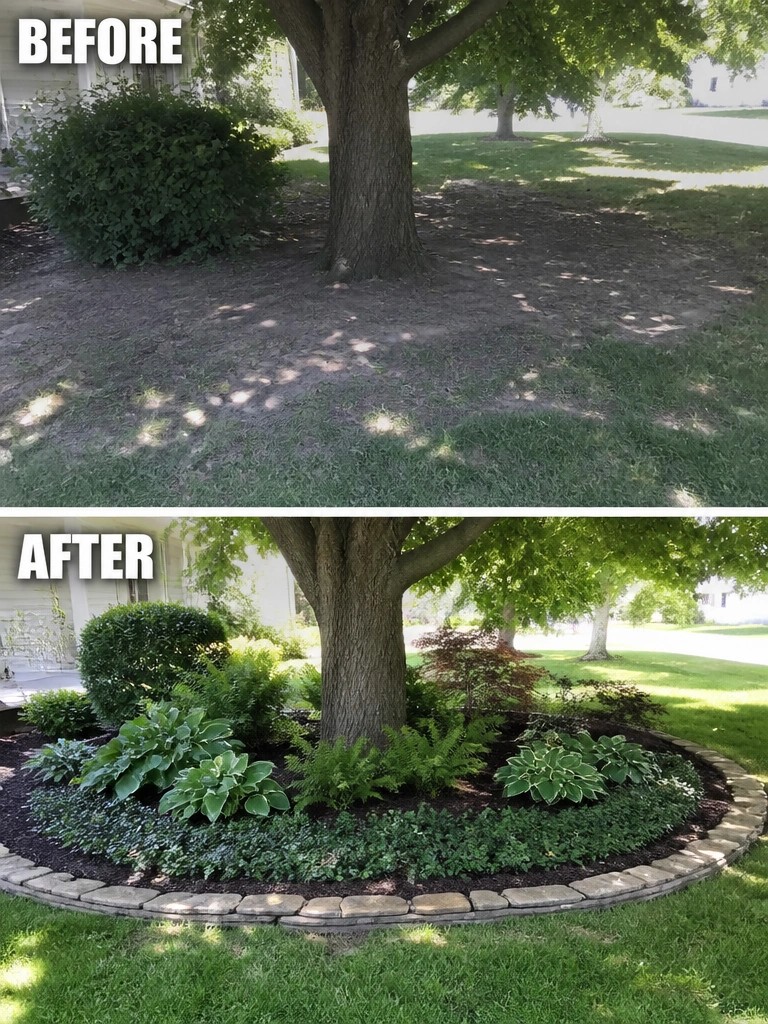 Before and after of tree base landscaped with plants, mulch, and stone border.