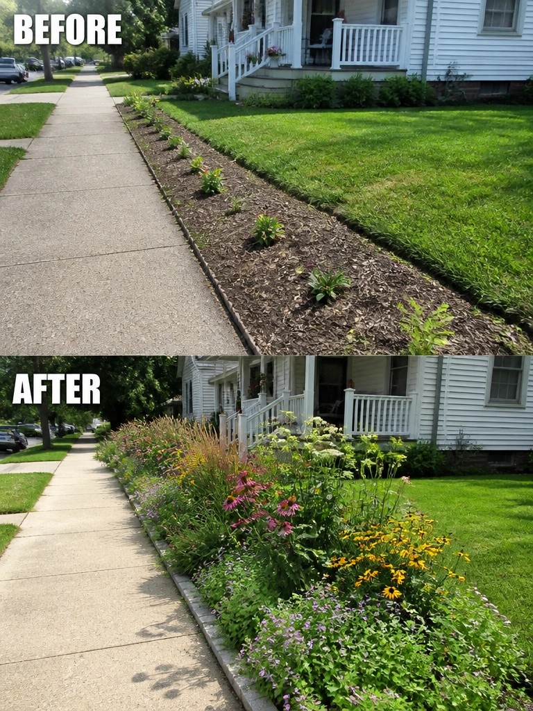 Before-and-after garden bed: sparse mulch strip transformed into colorful wildflowers beside sidewalk.