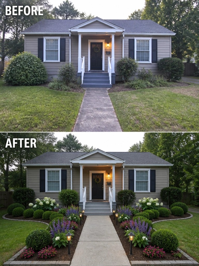 Before-and-after image of a front yard showing scattered shrubs changed into defined garden beds with edging, layered planting, and path lighting.