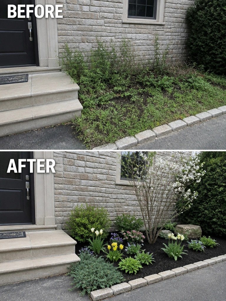 Before-and-after garden bed makeover from weeds to mulched flowers and shrubs by door.