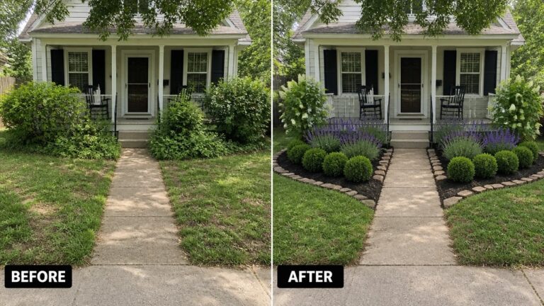 Before-and-after image of an overgrown front yard changed into a landscaped space with curved stone-edged garden beds and structured planting.