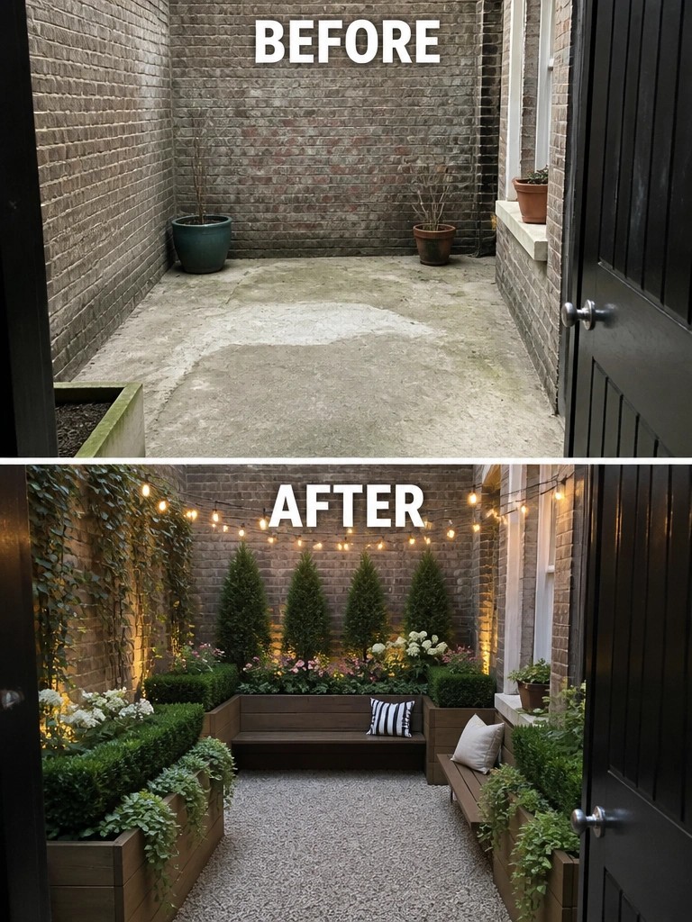 Before-and-after image of a bare concrete courtyard transformed with raised wooden planters, structured evergreens, and a central bench.