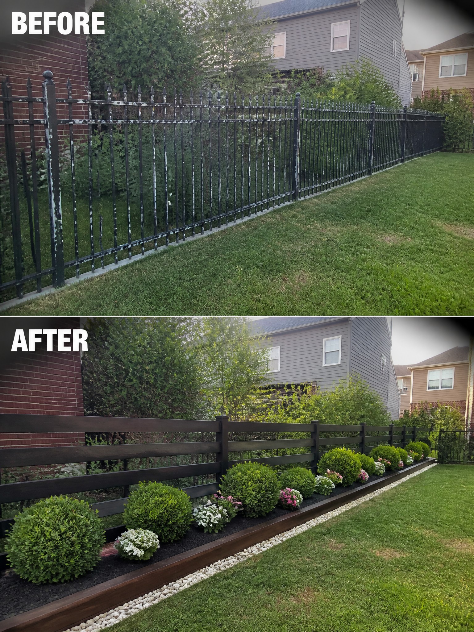 Before-and-after image of a backyard fence line changed from an old black metal fence with plain grass to a wooden fence with a defined garden bed of shrubs, flowers, and stone edging.
