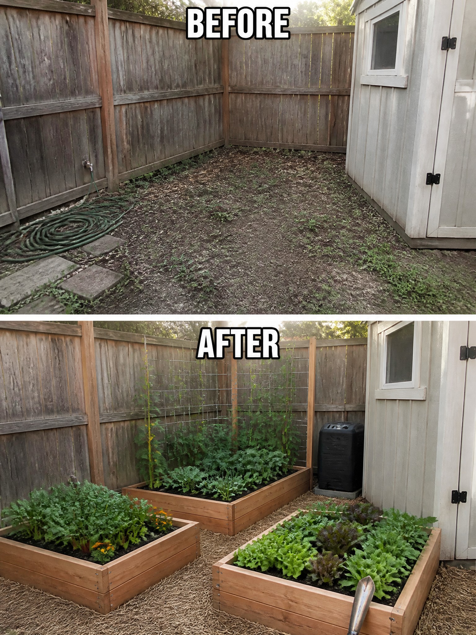 Before-and-after image of an empty backyard changed into a garden with multiple raised wooden beds and structured planting.