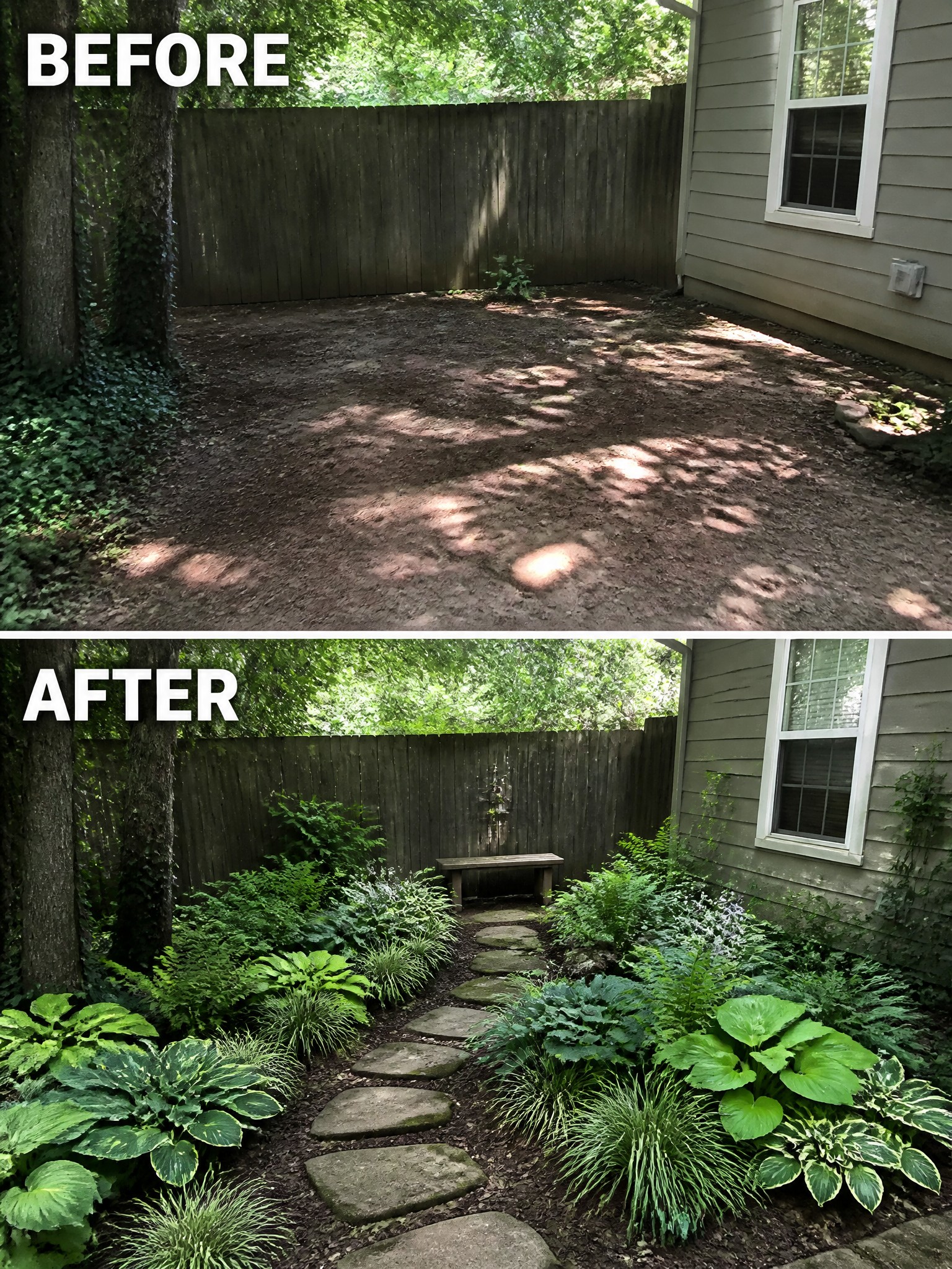 Before and after transformation of a garden space, featuring lush plants and a stone path.