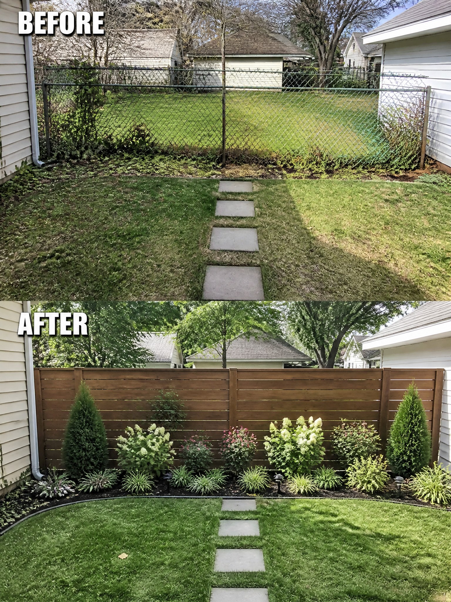 Before and after transformation of a backyard with a fence, grass, and plants.
