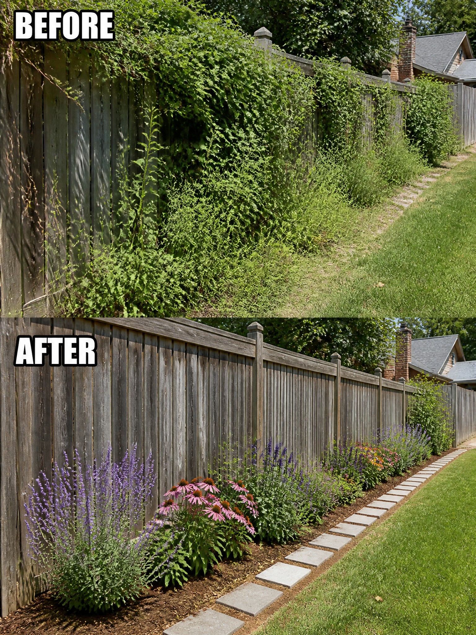 Before-and-after image of an overgrown fence line changed into a neat garden border with mulch, pavers, and flowering plants.