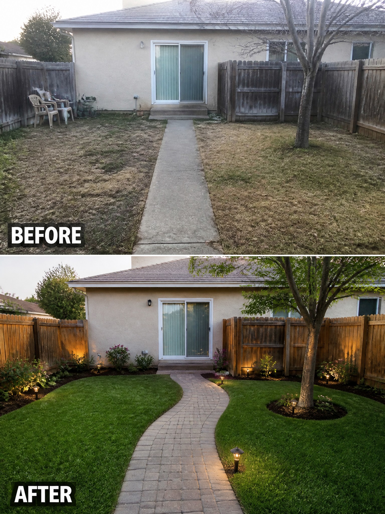 Before-and-after image of a dry backyard with a straight concrete path changed into a landscaped space with a curved paver walkway, green lawn, and planted garden beds.